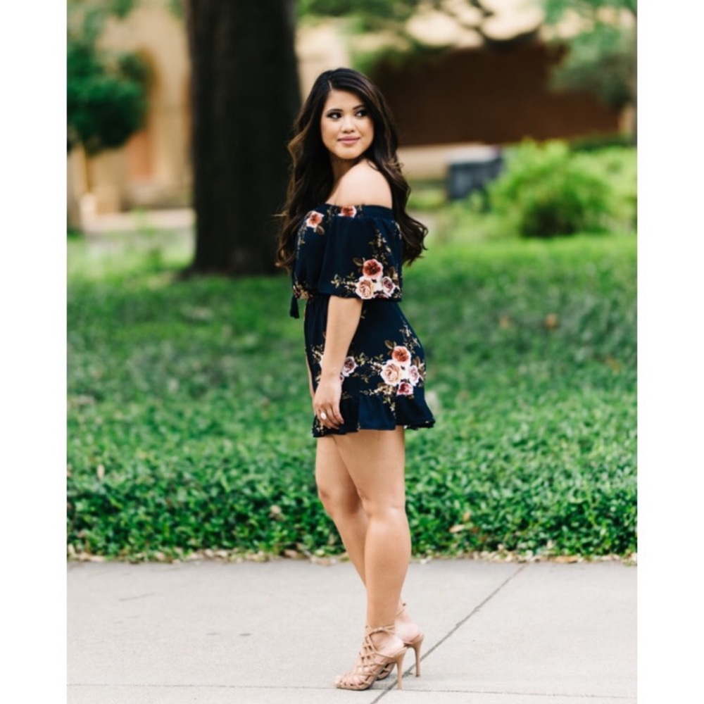 Beautiful Navy Floral Off the Shoulder Romper